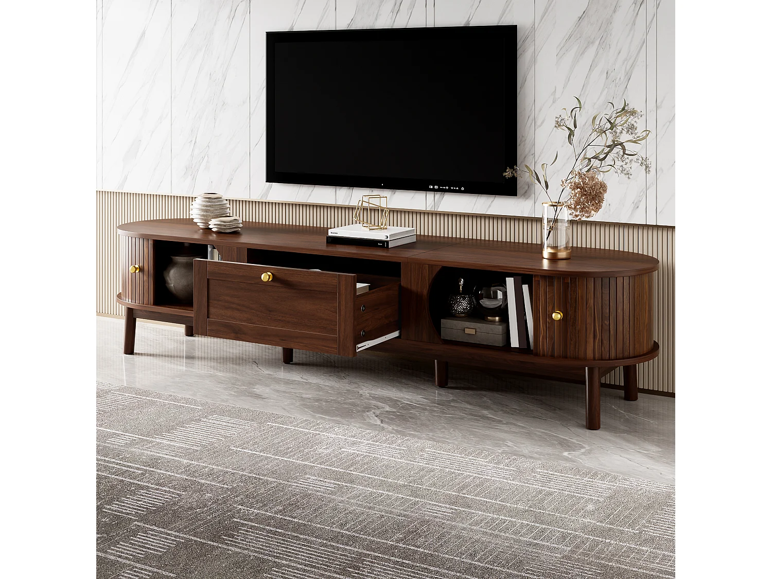 Meuble TV moderne en bois - 170 x 39.5 x 38 cm - avec tiroir + 2 portes - angles arrondis classiques - MDF - marron