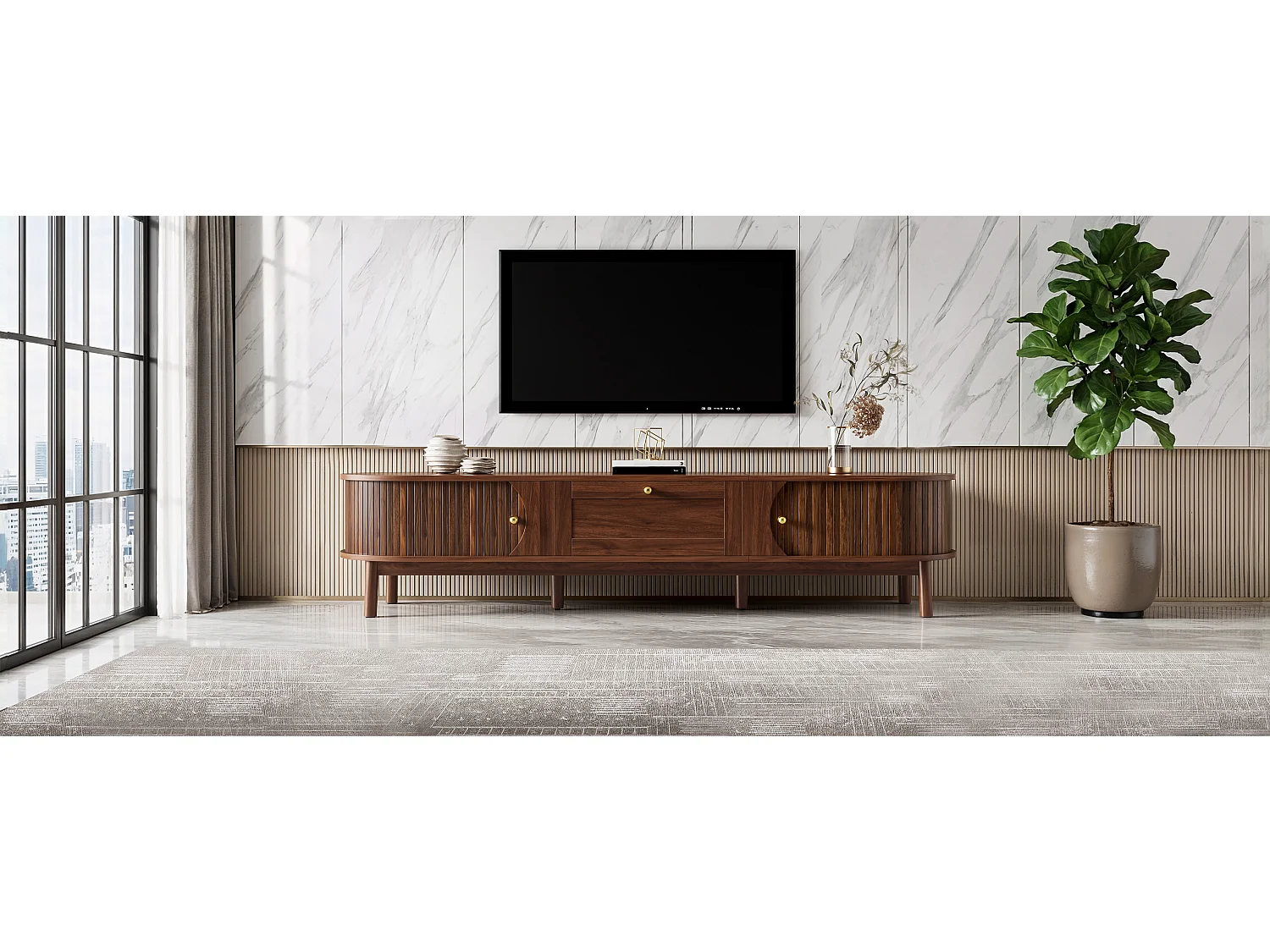 Meuble TV moderne en bois - 170 x 39.5 x 38 cm - avec tiroir + 2 portes - angles arrondis classiques - MDF - marron