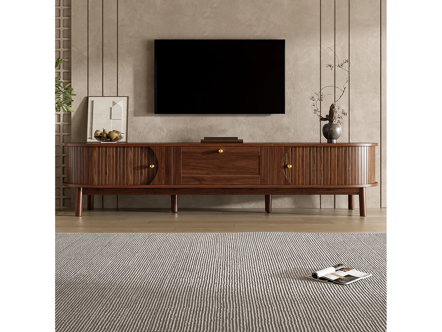 Moderne houten tv-standaard - 170 x 39,5 x 38 cm - met lade + 2 deuren - klassieke afgeronde hoeken - MDF - bruin