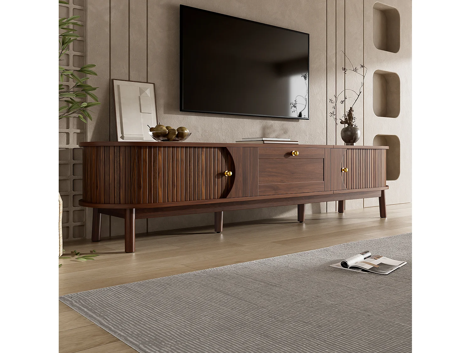 Moderne houten tv-standaard - 170 x 39,5 x 38 cm - met lade + 2 deuren - klassieke afgeronde hoeken - MDF - bruin