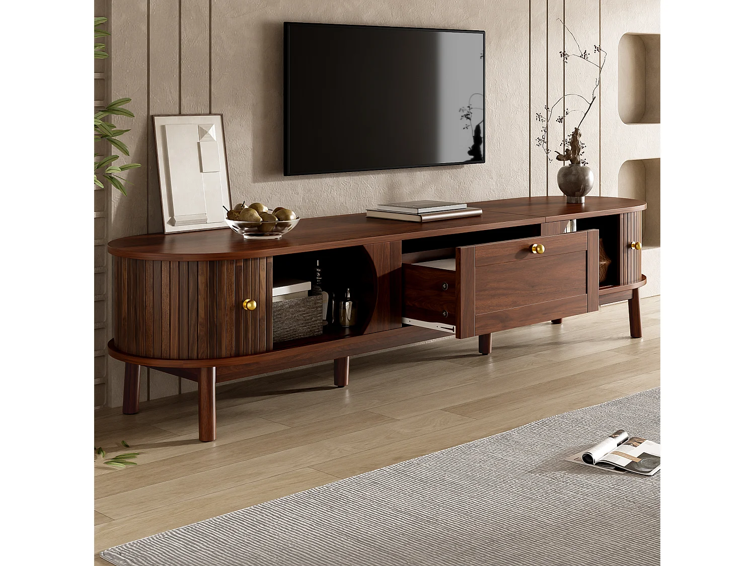 Moderne houten tv-standaard - 170 x 39,5 x 38 cm - met lade + 2 deuren - klassieke afgeronde hoeken - MDF - bruin