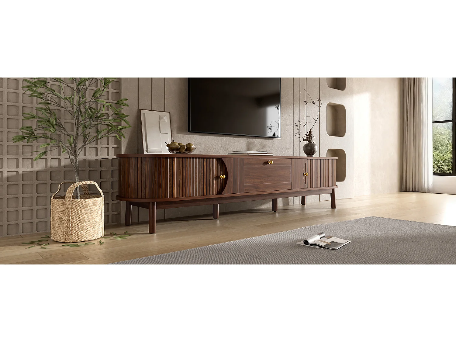 Moderne houten tv-standaard - 170 x 39,5 x 38 cm - met lade + 2 deuren - klassieke afgeronde hoeken - MDF - bruin