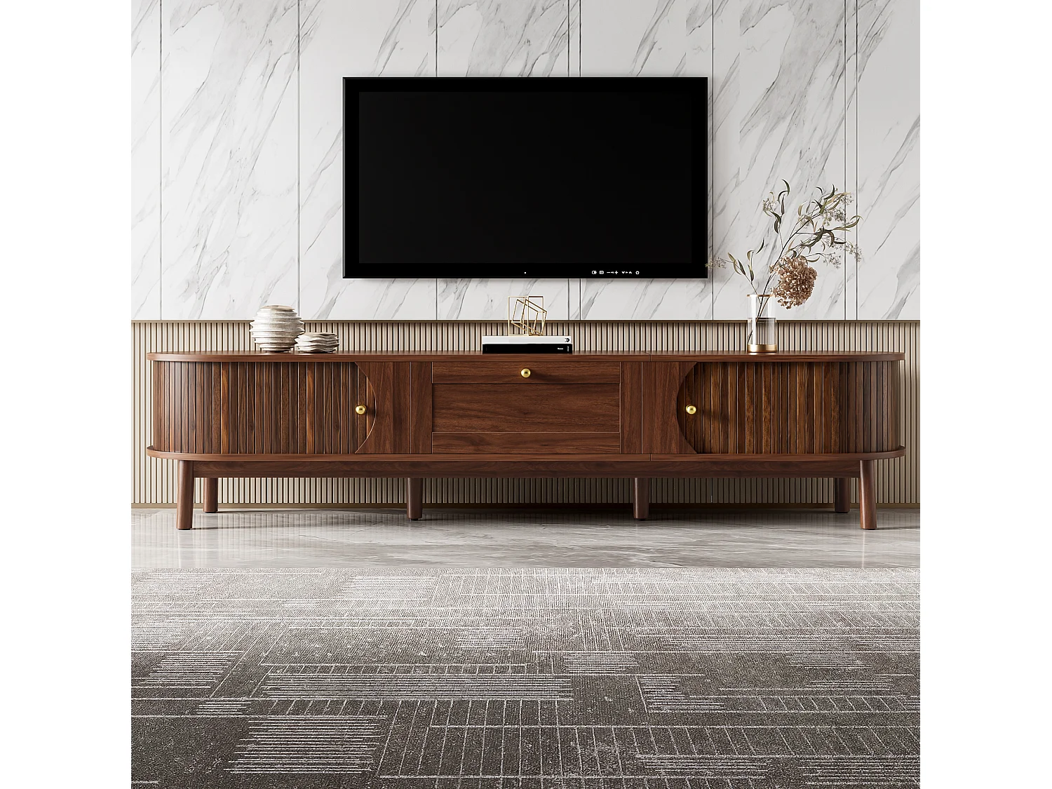 Moderne houten tv-standaard - 170 x 39,5 x 38 cm - met lade + 2 deuren - klassieke afgeronde hoeken - MDF - bruin