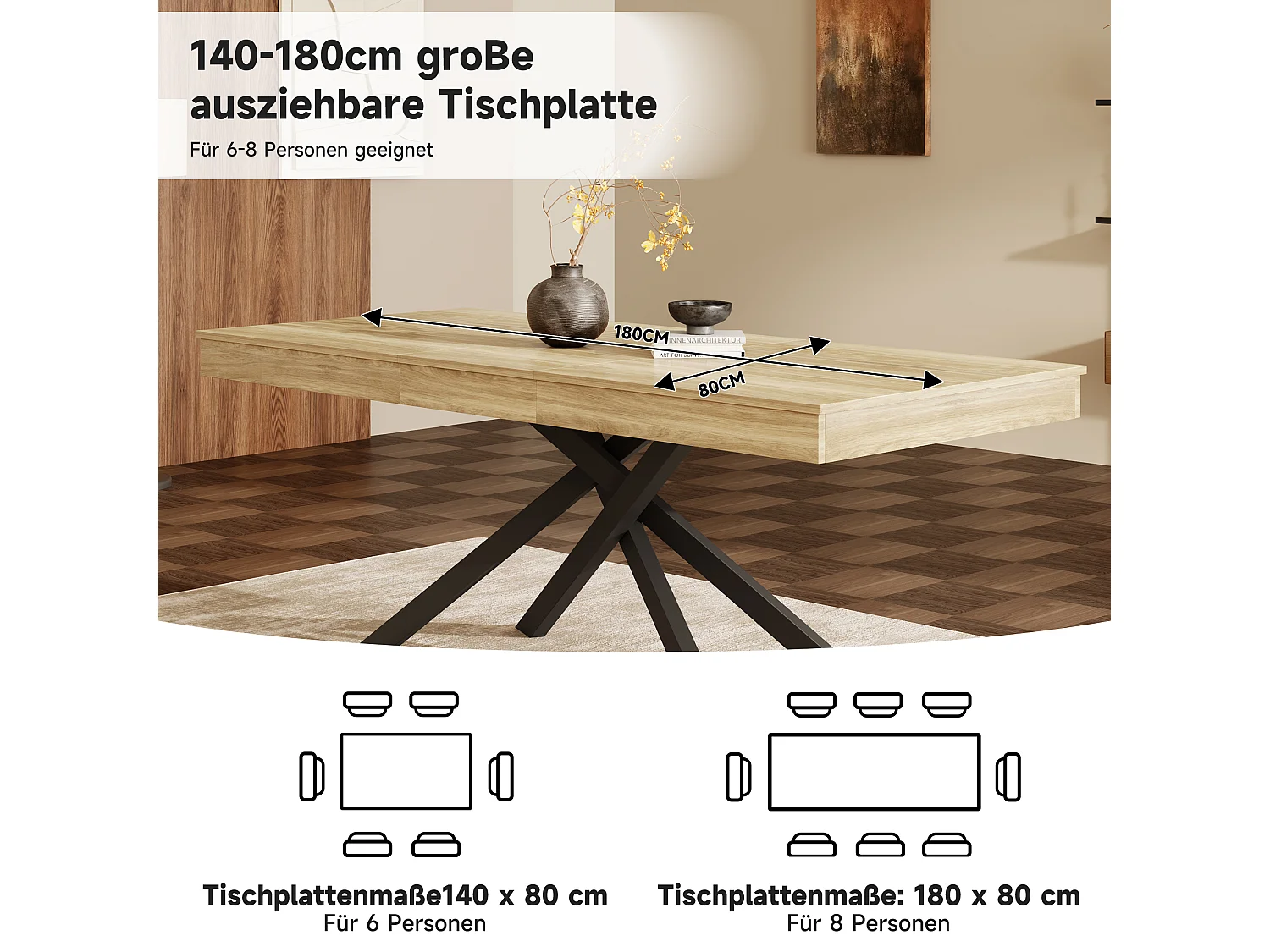 Table de salle à manger extensible - 140/180 x 80 x 76 cm - pour 6 à 8 personnes - pieds en métal - MDF - naturel