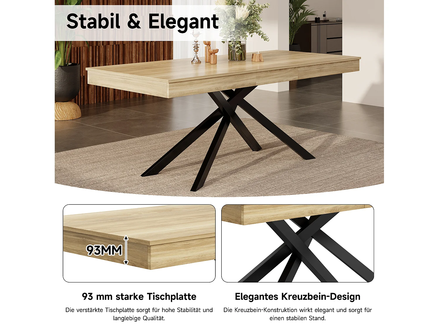 Table de salle à manger extensible - 140/180 x 80 x 76 cm - pour 6 à 8 personnes - pieds en métal - MDF - naturel