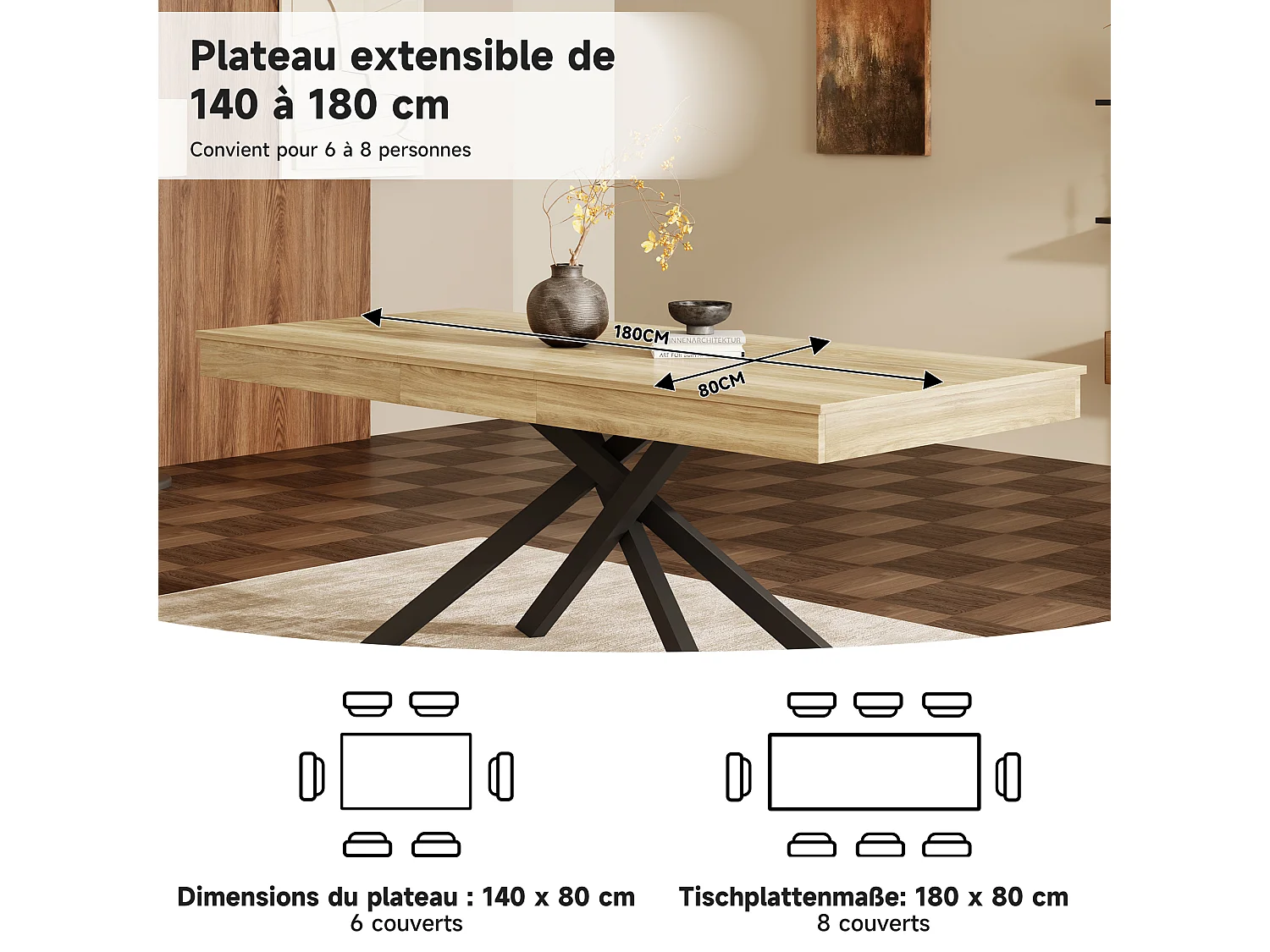 Table de salle à manger extensible - 140/180 x 80 x 76 cm - pour 6 à 8 personnes - pieds en métal - MDF - naturel