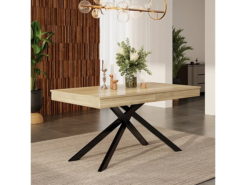 Table de salle à manger extensible - 140/180 x 80 x 76 cm - pour 6 à 8 personnes - pieds en métal - MDF - naturel