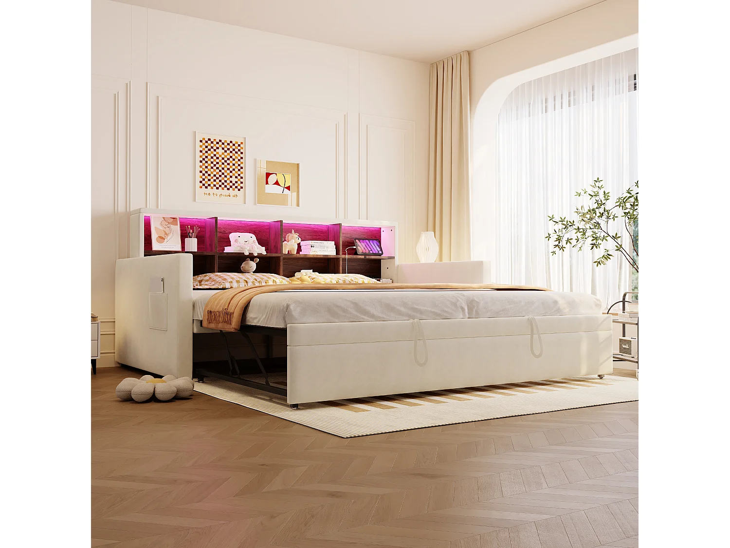 Polstret sovesofa - 90 x 190 cm - med udtræksseng 90 x 190 cm + sengegavl med opbevaring + LED-lys - fløjl - beige