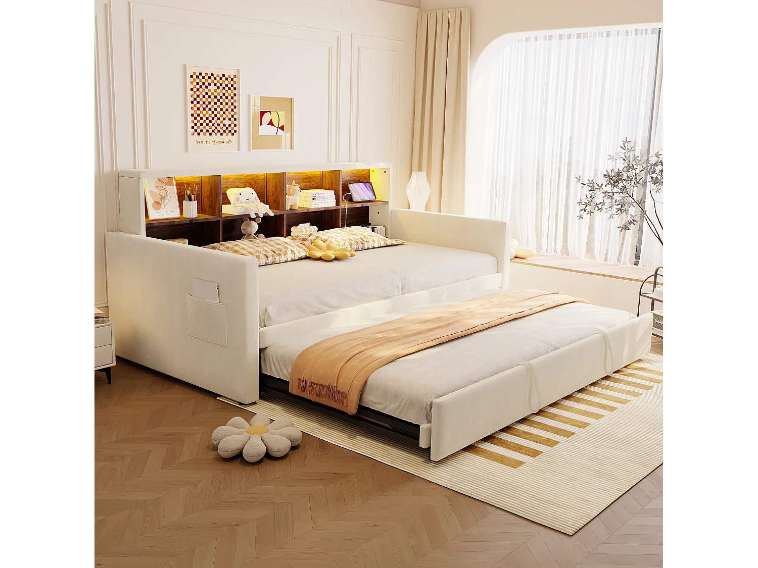 Polstret sovesofa - 90 x 190 cm - med udtræksseng 90 x 190 cm + sengegavl med opbevaring + LED-lys - fløjl - beige
