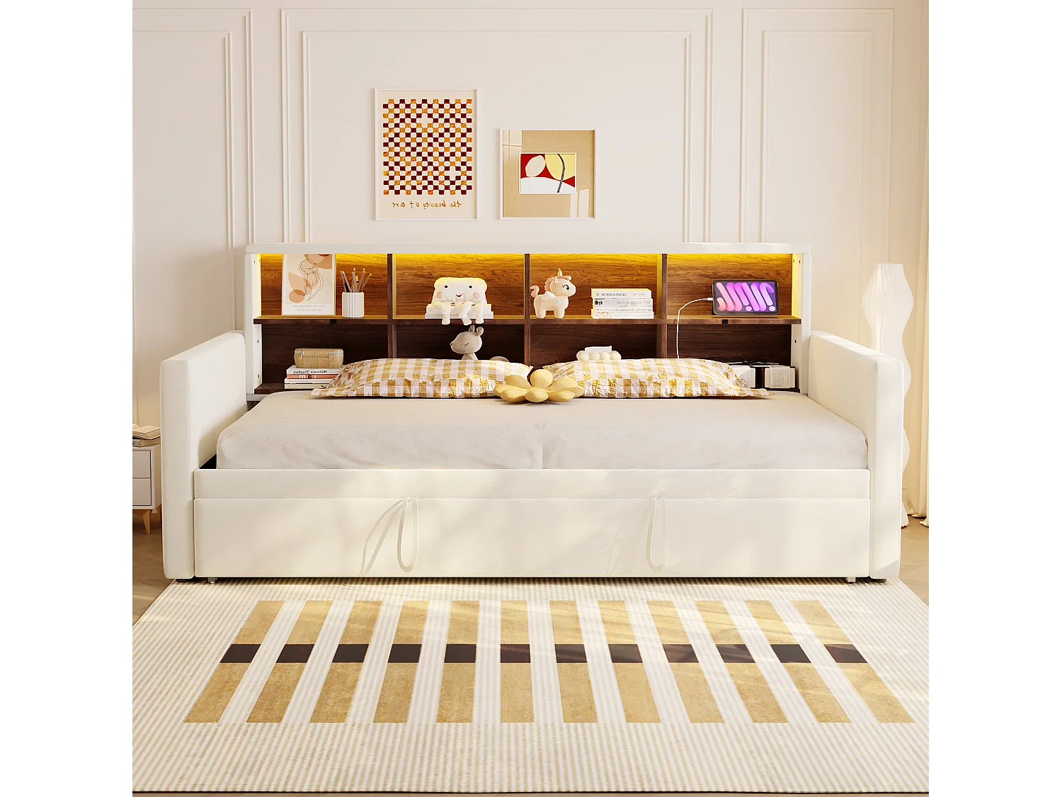 Polstret sovesofa - 90 x 190 cm - med udtræksseng 90 x 190 cm + sengegavl med opbevaring + LED-lys - fløjl - beige