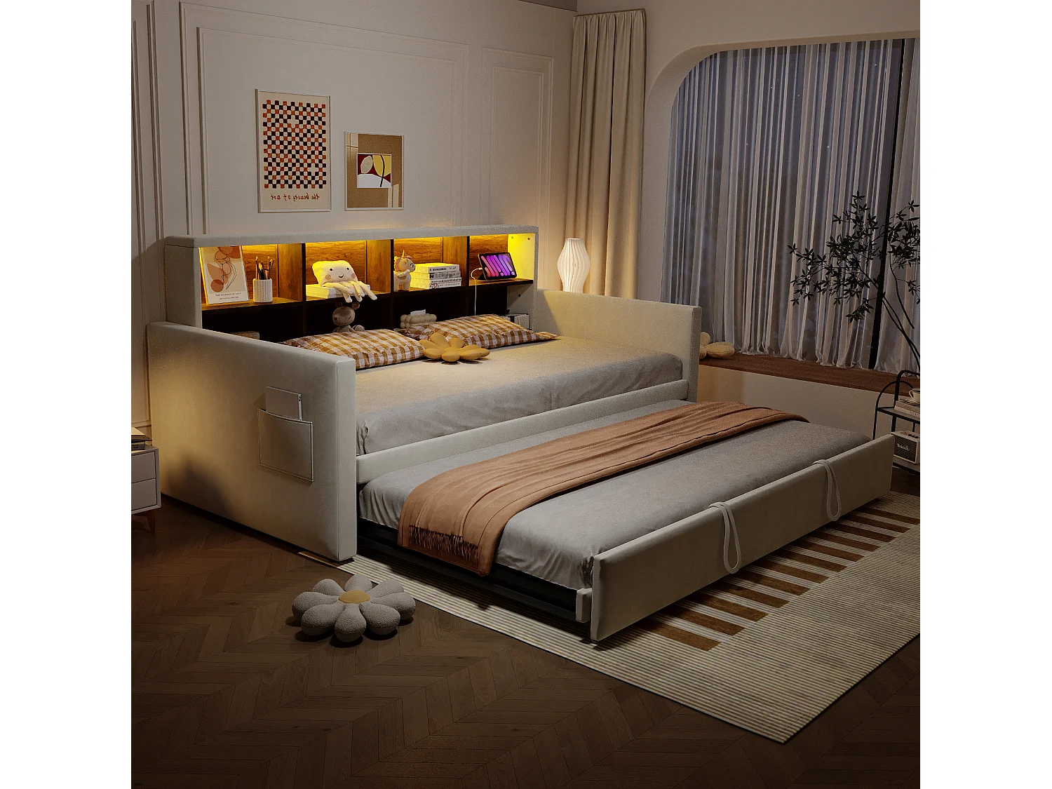 Polstret sovesofa - 90 x 190 cm - med udtræksseng 90 x 190 cm + sengegavl med opbevaring + LED-lys - fløjl - beige