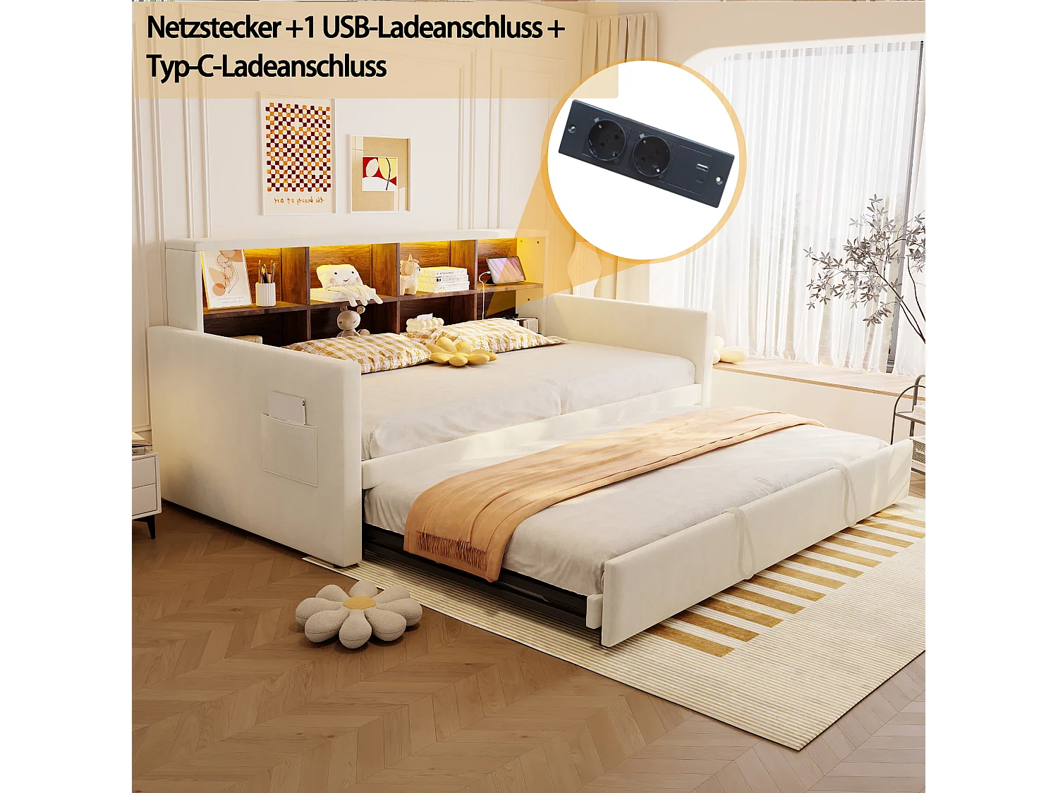 Polstret sovesofa - 90 x 190 cm - med udtræksseng 90 x 190 cm + sengegavl med opbevaring + LED-lys - fløjl - beige