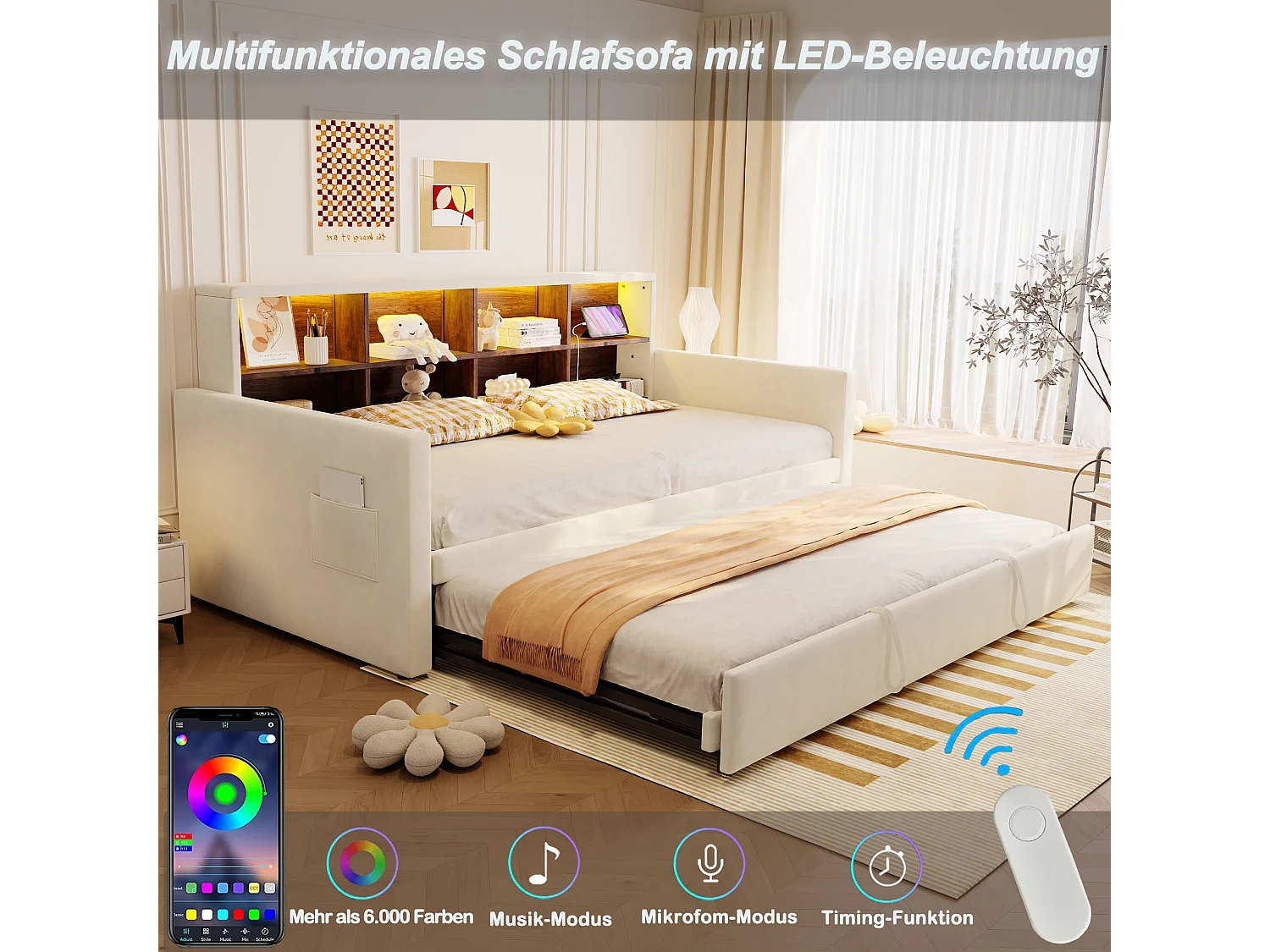 Polstret sovesofa - 90 x 190 cm - med udtræksseng 90 x 190 cm + sengegavl med opbevaring + LED-lys - fløjl - beige