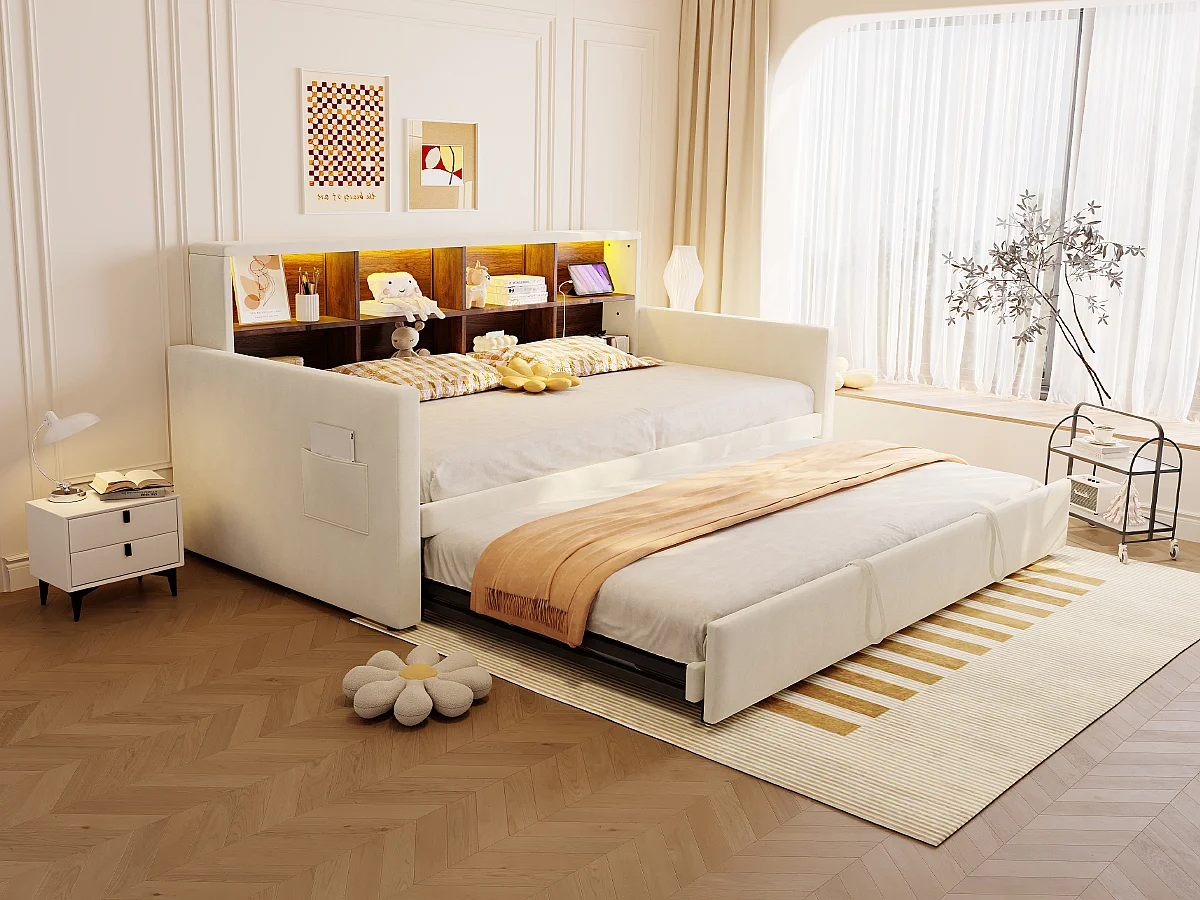 Polstret sovesofa - 90 x 190 cm - med udtræksseng 90 x 190 cm + sengegavl med opbevaring + LED-lys - fløjl - beige