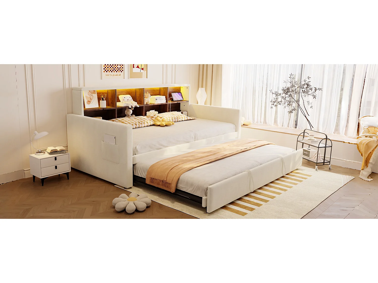 Polstret sovesofa - 90 x 190 cm - med udtræksseng 90 x 190 cm + sengegavl med opbevaring + LED-lys - fløjl - beige