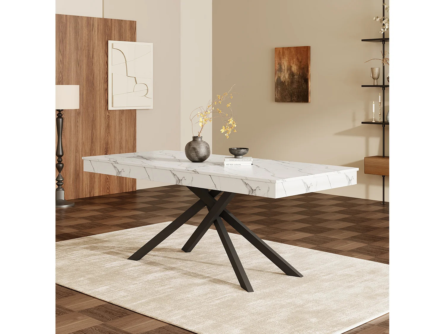 Table de salle à manger extensible - 140/180 x 80 x 76 cm - pour 6 à 8 personnes - pieds en métal - MDF - blanc