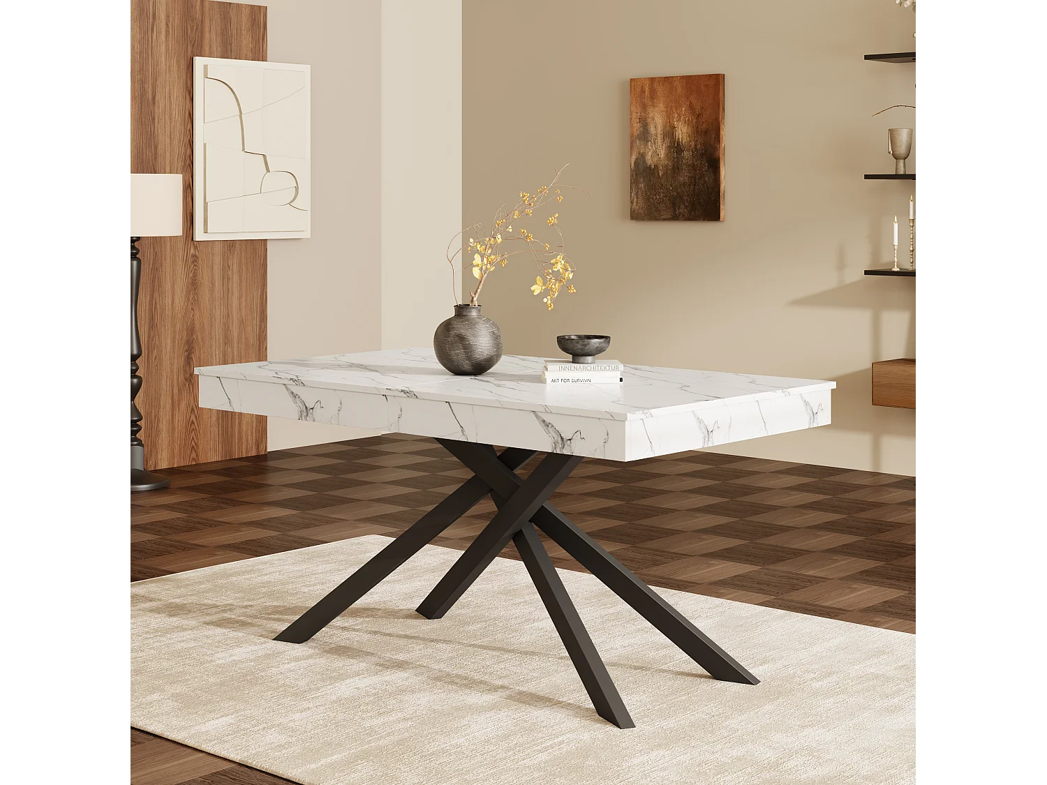 Table de salle à manger extensible - 140/180 x 80 x 76 cm - pour 6 à 8 personnes - pieds en métal - MDF - blanc