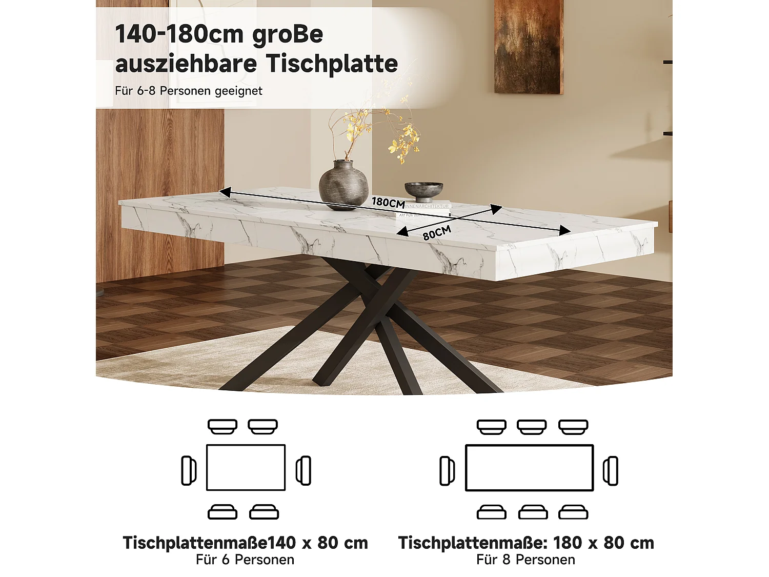 Table de salle à manger extensible - 140/180 x 80 x 76 cm - pour 6 à 8 personnes - pieds en métal - MDF - blanc