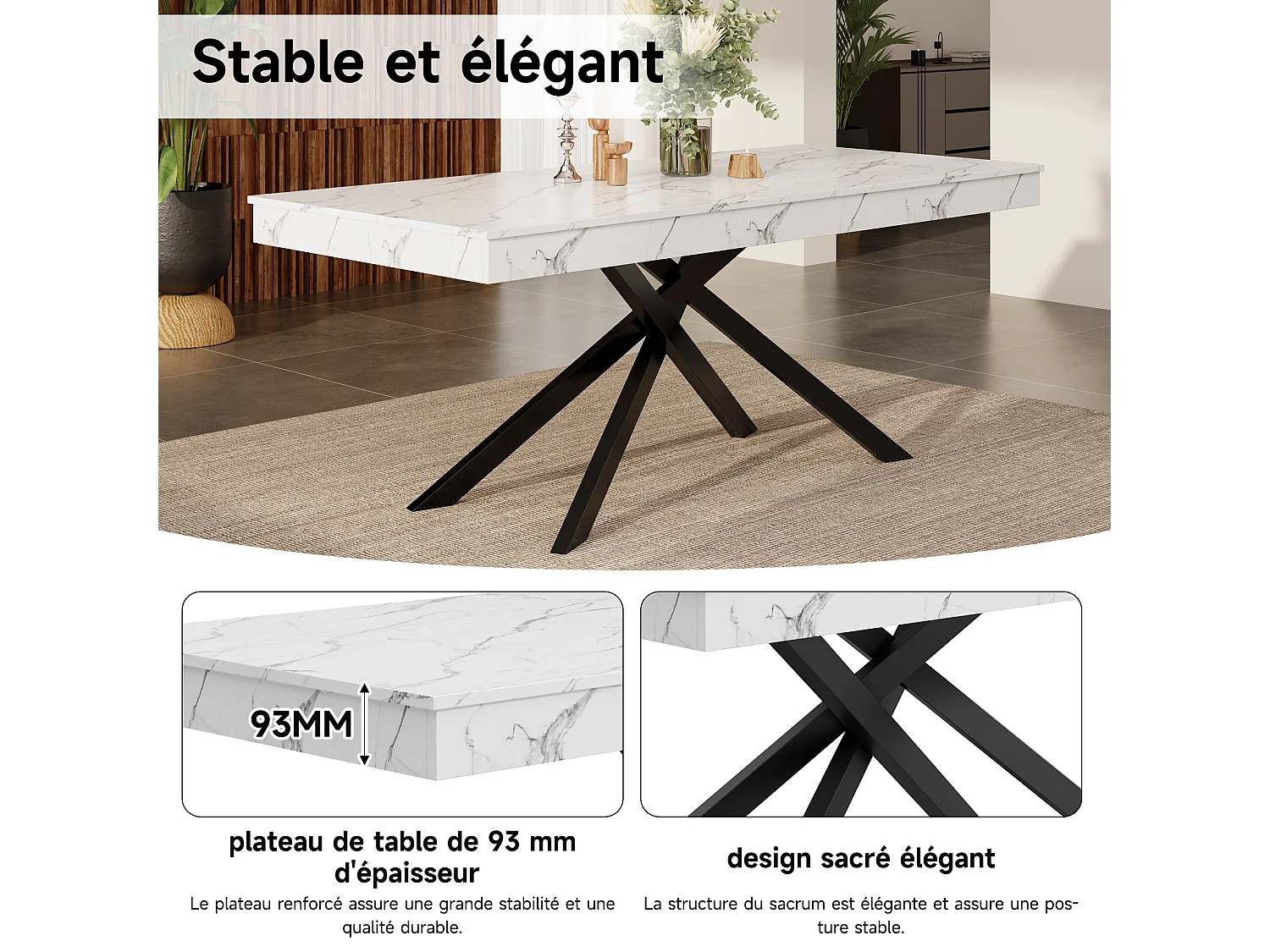 Table de salle à manger extensible - 140/180 x 80 x 76 cm - pour 6 à 8 personnes - pieds en métal - MDF - blanc