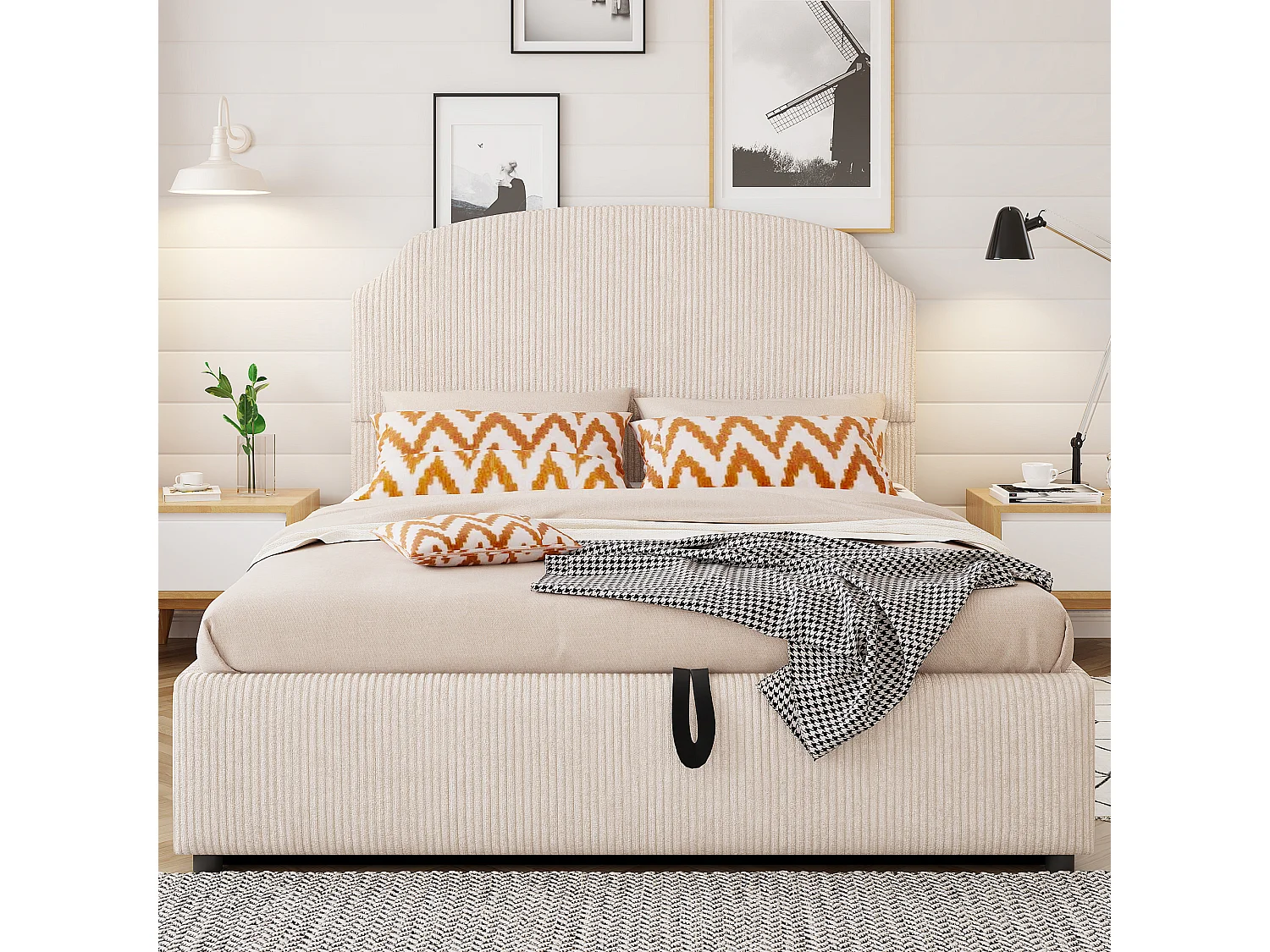 Cama estofada com arrumação - 140 x 200 cm - com arrumação hidráulica + cabeceira - MDF + metal + contraplacado - bege