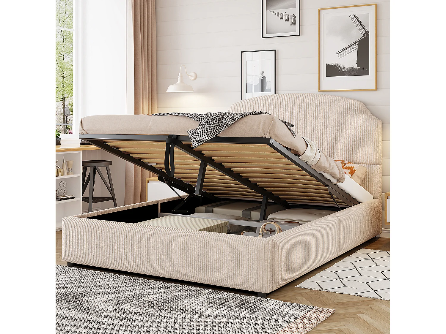 Cama estofada com arrumação - 140 x 200 cm - com arrumação hidráulica + cabeceira - MDF + metal + contraplacado - bege