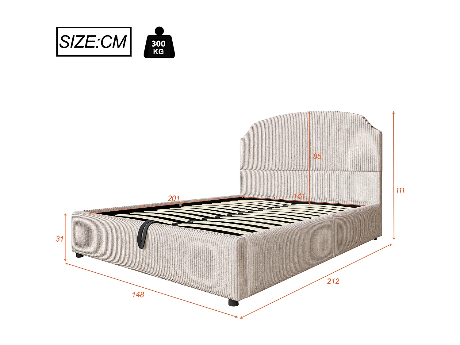 Cama estofada com arrumação - 140 x 200 cm - com arrumação hidráulica + cabeceira - MDF + metal + contraplacado - bege