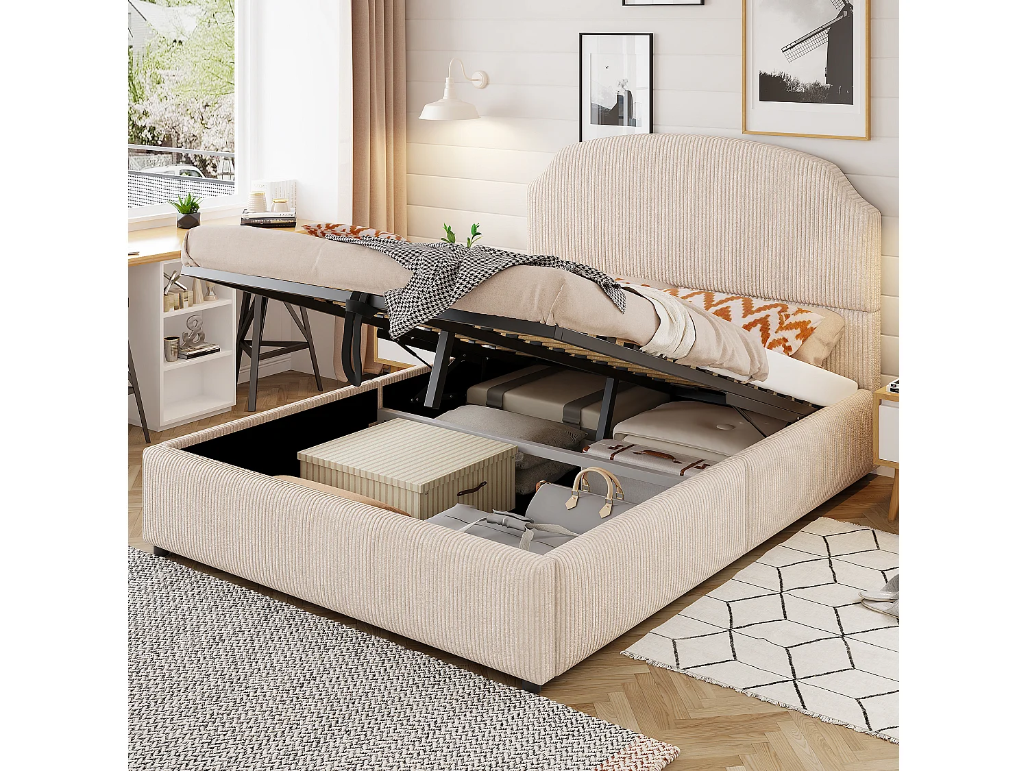 Polstret seng med opbevaring - 140 x 200 cm - med hydraulisk opbevaring og hovedgærde - MDF, metal og krydsfiner - beige