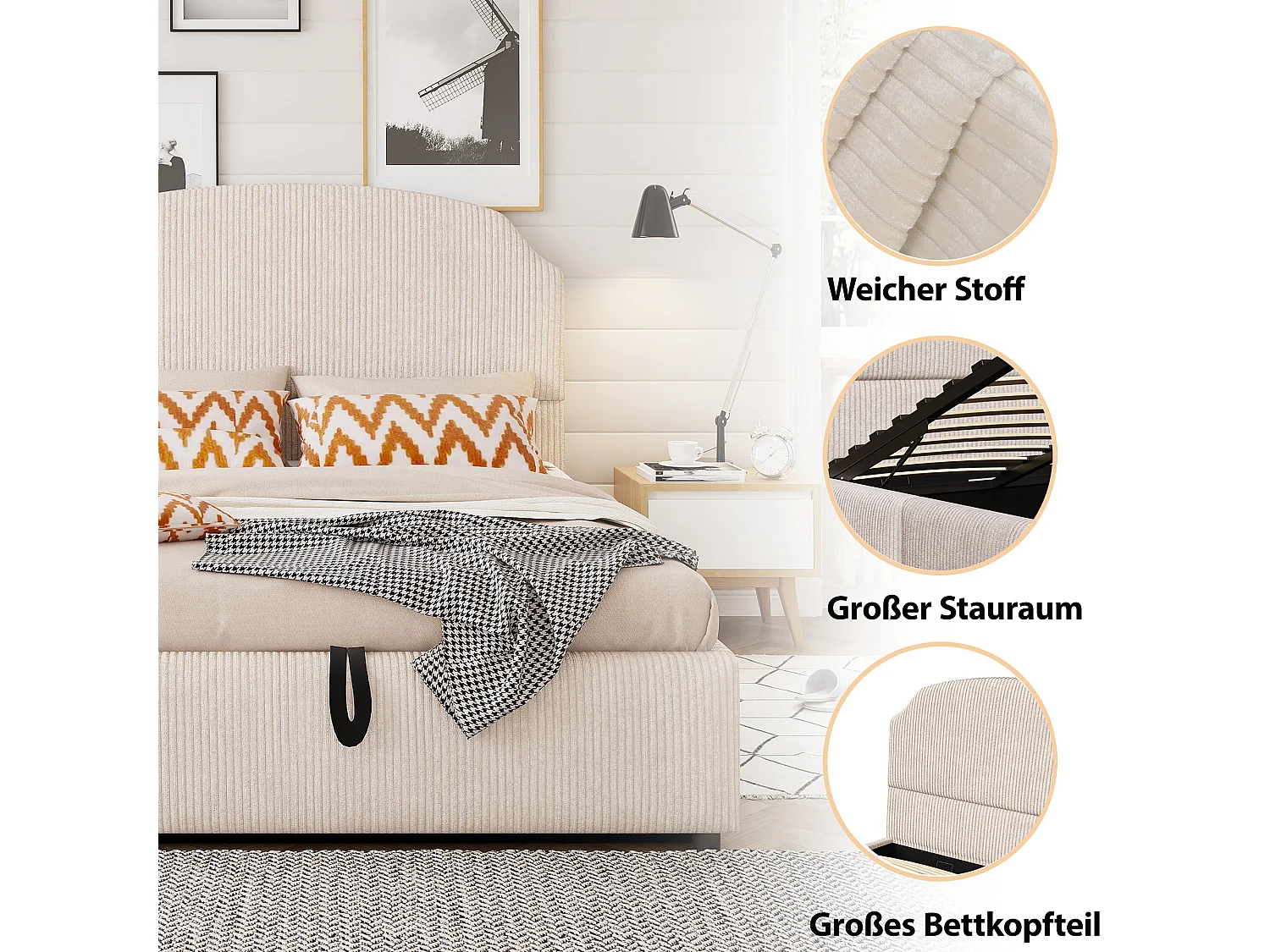 Polstret seng med opbevaring - 140 x 200 cm - med hydraulisk opbevaring og hovedgærde - MDF, metal og krydsfiner - beige