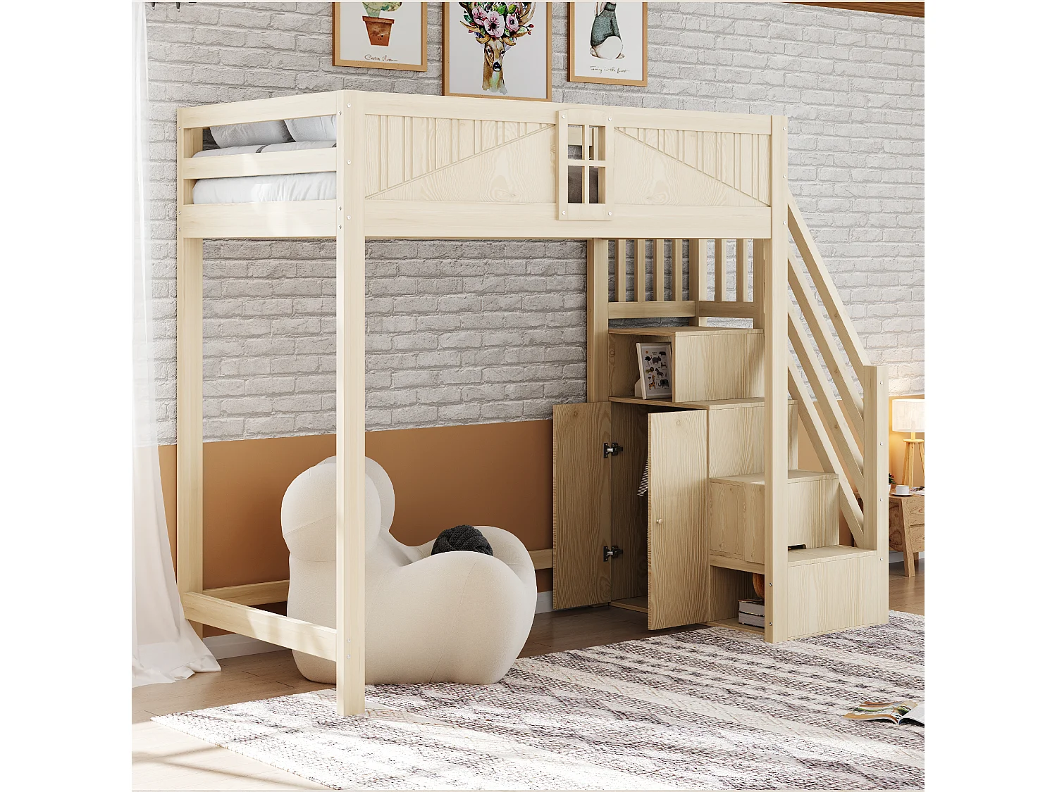 Lit mezzanine enfant - 90 x 200 cm - avec escalier rangement + fenêtre + armoire - bois + MDF - naturel
