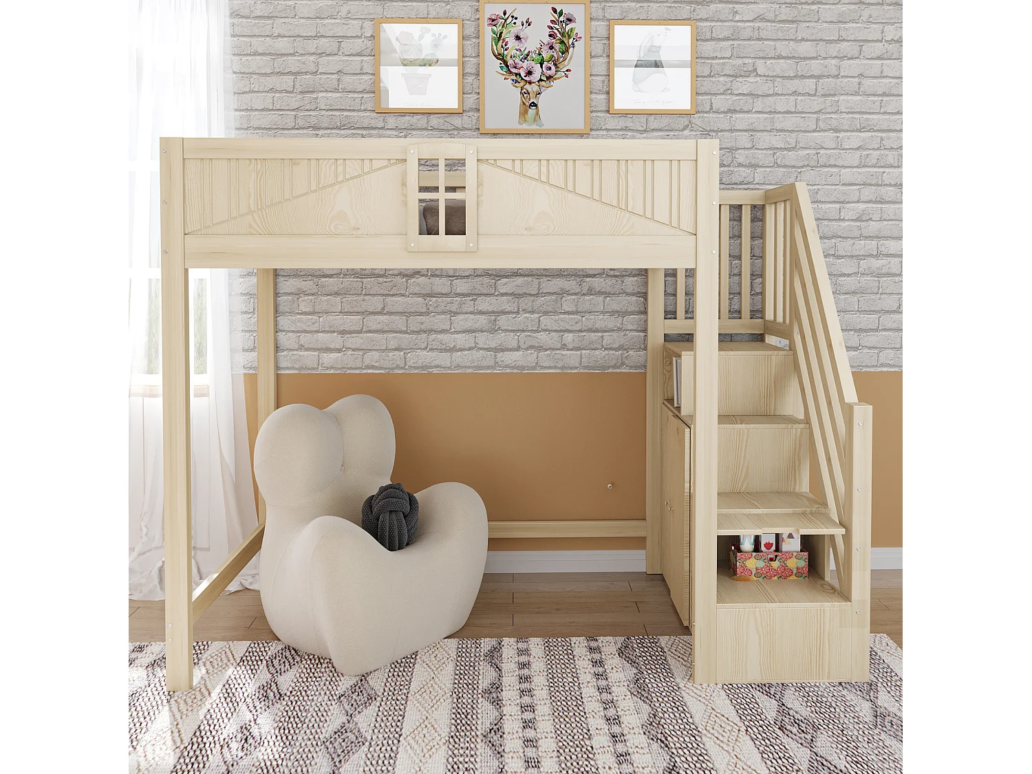 Lit mezzanine enfant - 90 x 200 cm - avec escalier rangement + fenêtre + armoire - bois + MDF - naturel
