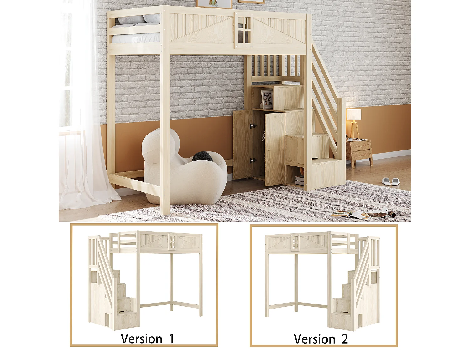 Lit mezzanine enfant - 90 x 200 cm - avec escalier rangement + fenêtre + armoire - bois + MDF - naturel