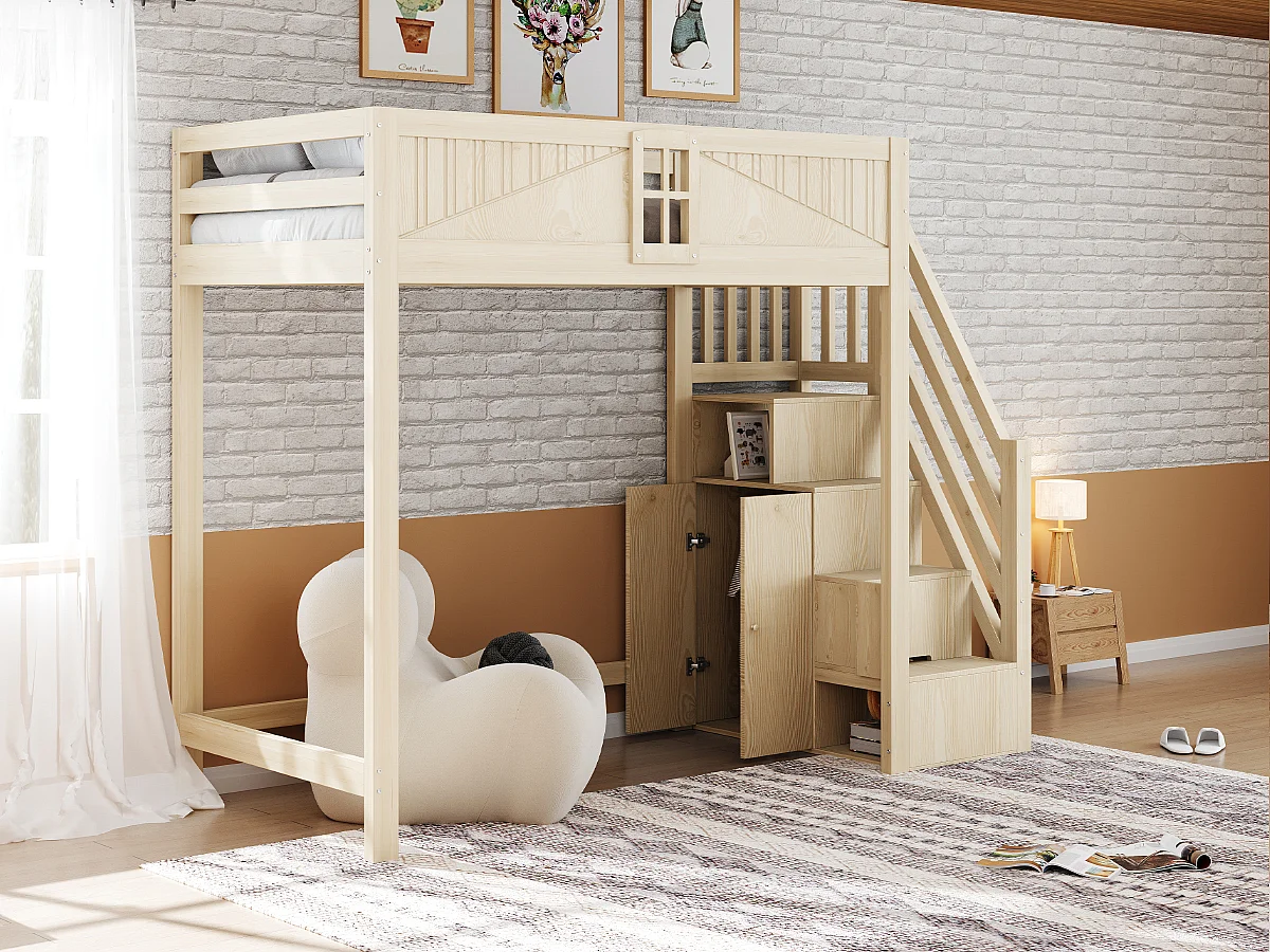 Lit mezzanine enfant - 90 x 200 cm - avec escalier rangement + fenêtre + armoire - bois + MDF - naturel