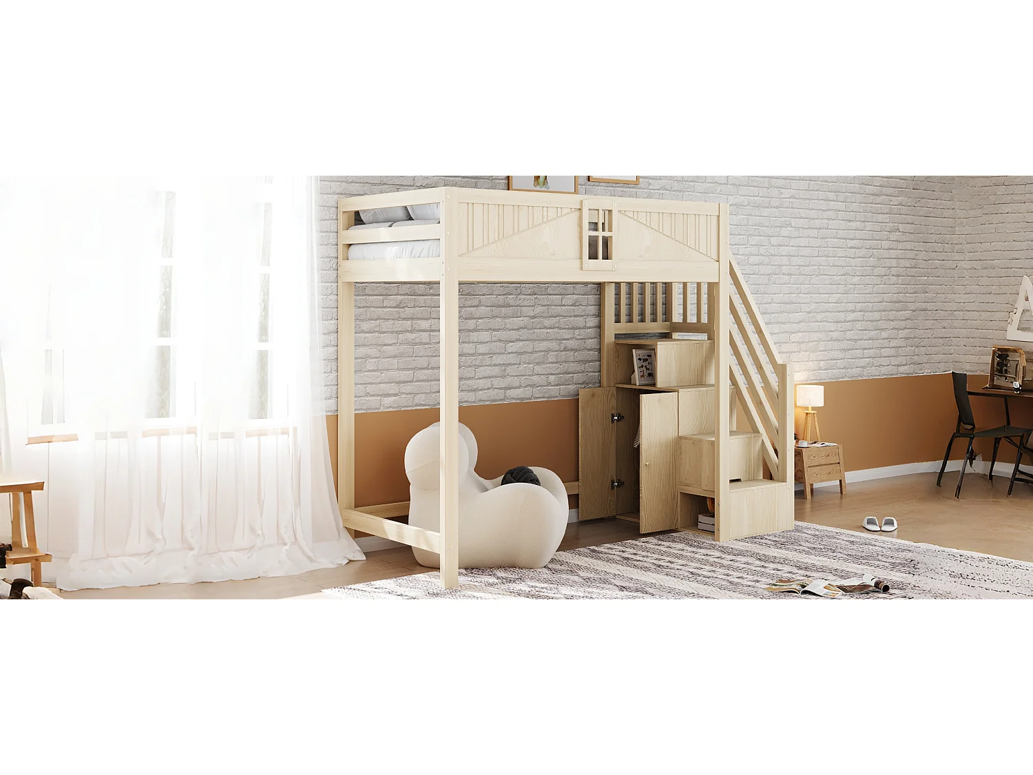 Lit mezzanine enfant - 90 x 200 cm - avec escalier rangement + fenêtre + armoire - bois + MDF - naturel