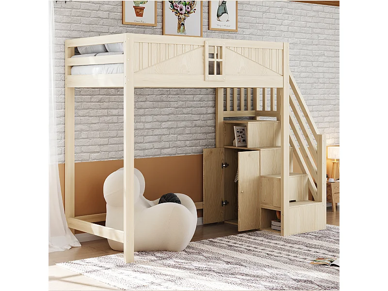 Lit mezzanine enfant - 90 x 200 cm - avec escalier rangement + fenêtre + armoire - bois + MDF - naturel