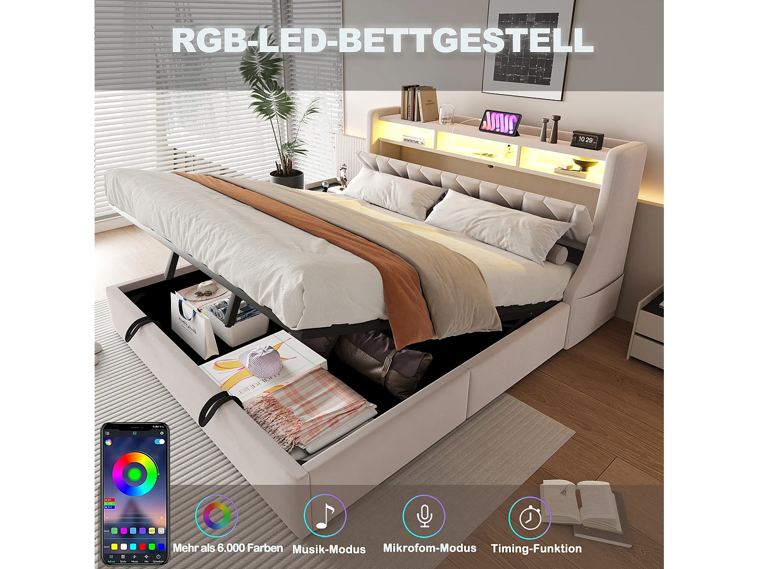 Gestoffeerd opbergbed - 180 x 200 cm - hydraulisch - neerklapbaar hoofdeinde met opbergruimte + LED-verlichting - MDF - beige