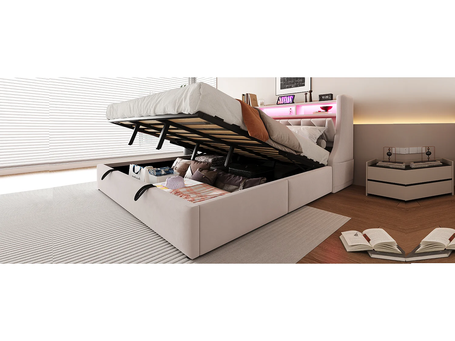 Gestoffeerd opbergbed - 180 x 200 cm - hydraulisch - neerklapbaar hoofdeinde met opbergruimte + LED-verlichting - MDF - beige