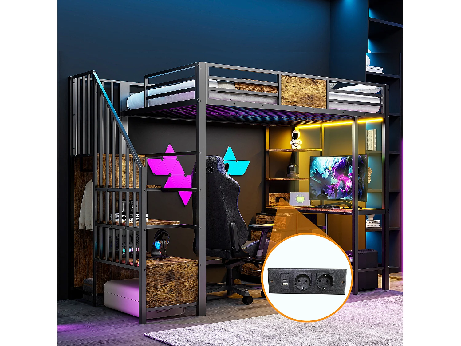 Lit mezzanine en métal - 90 x 200 cm - avec bureau + tiroirs + penderie + Leds + escalier de rangement - métal - noir