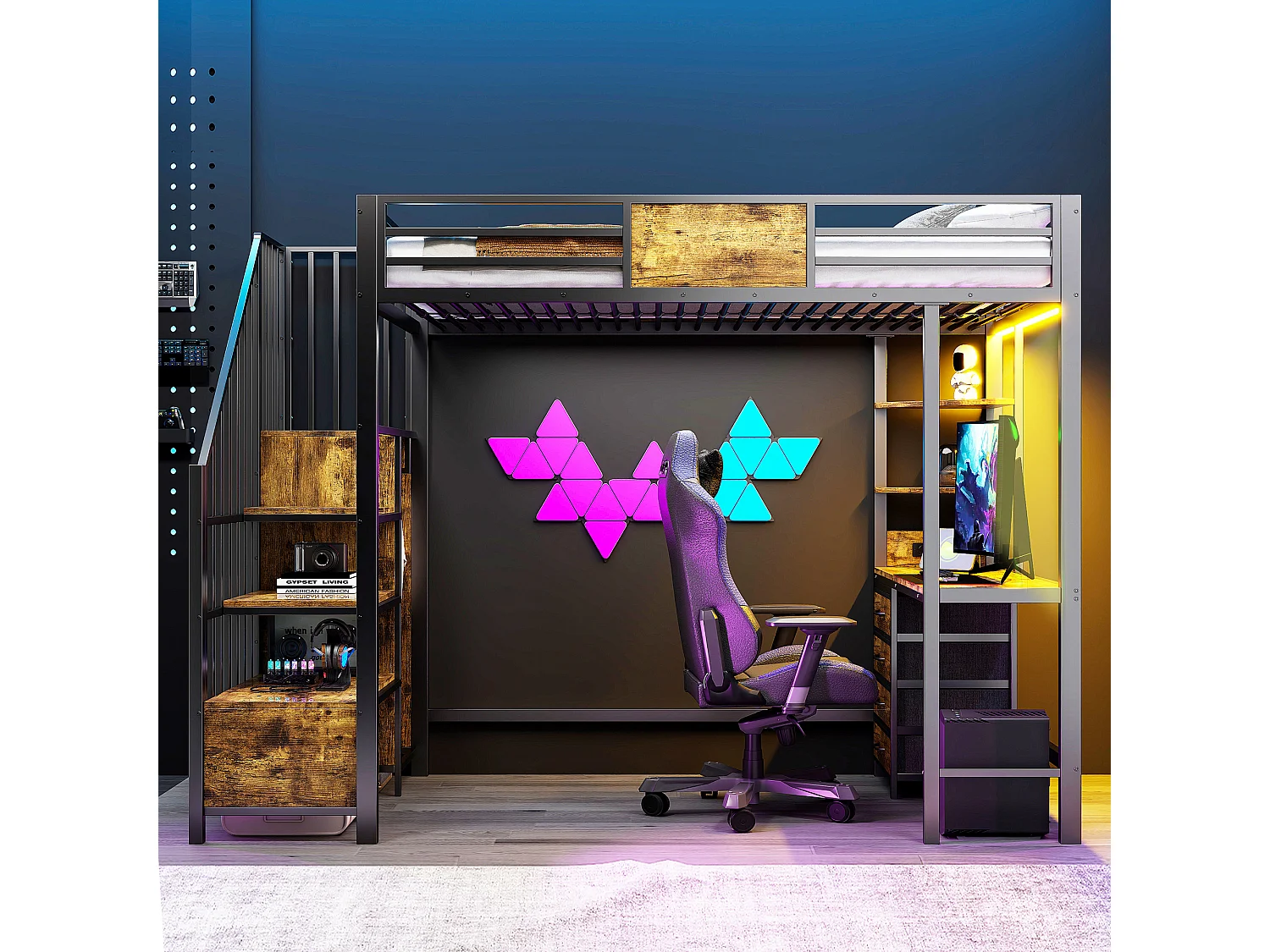 Lit mezzanine en métal - 90 x 200 cm - avec bureau + tiroirs + penderie + Leds + escalier de rangement - métal - noir