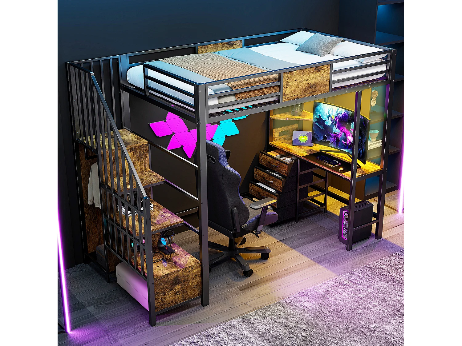 Lit mezzanine en métal - 90 x 200 cm - avec bureau + tiroirs + penderie + Leds + escalier de rangement - métal - noir