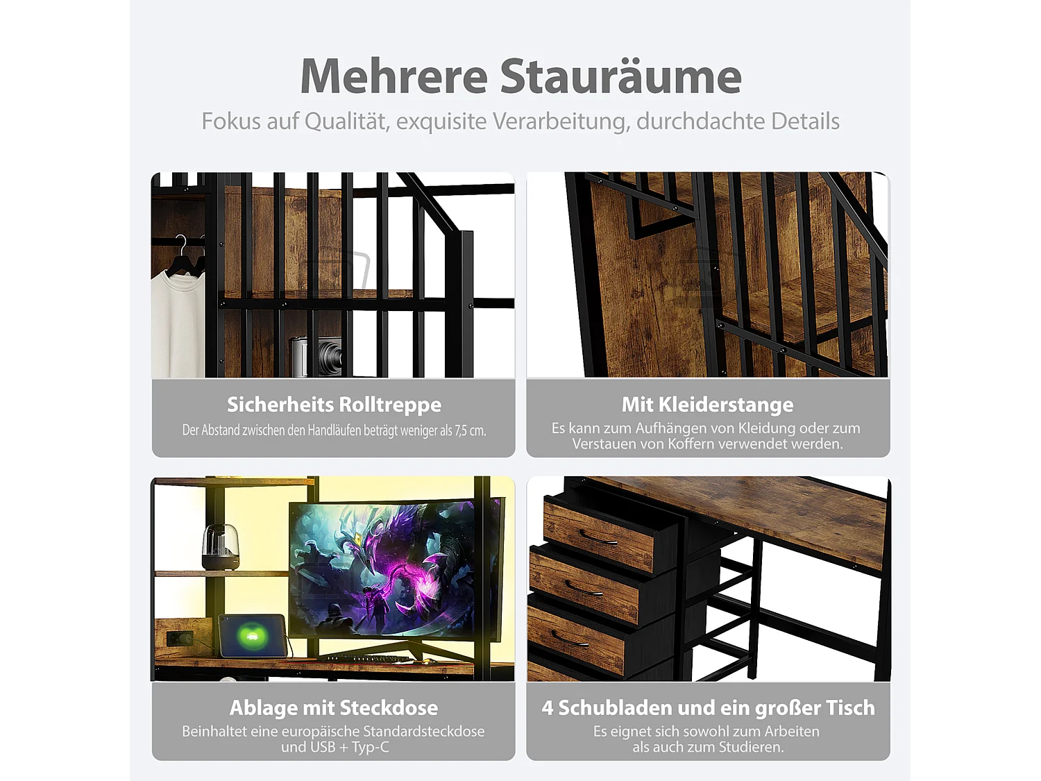 Lit mezzanine en métal - 90 x 200 cm - avec bureau + tiroirs + penderie + Leds + escalier de rangement - métal - noir