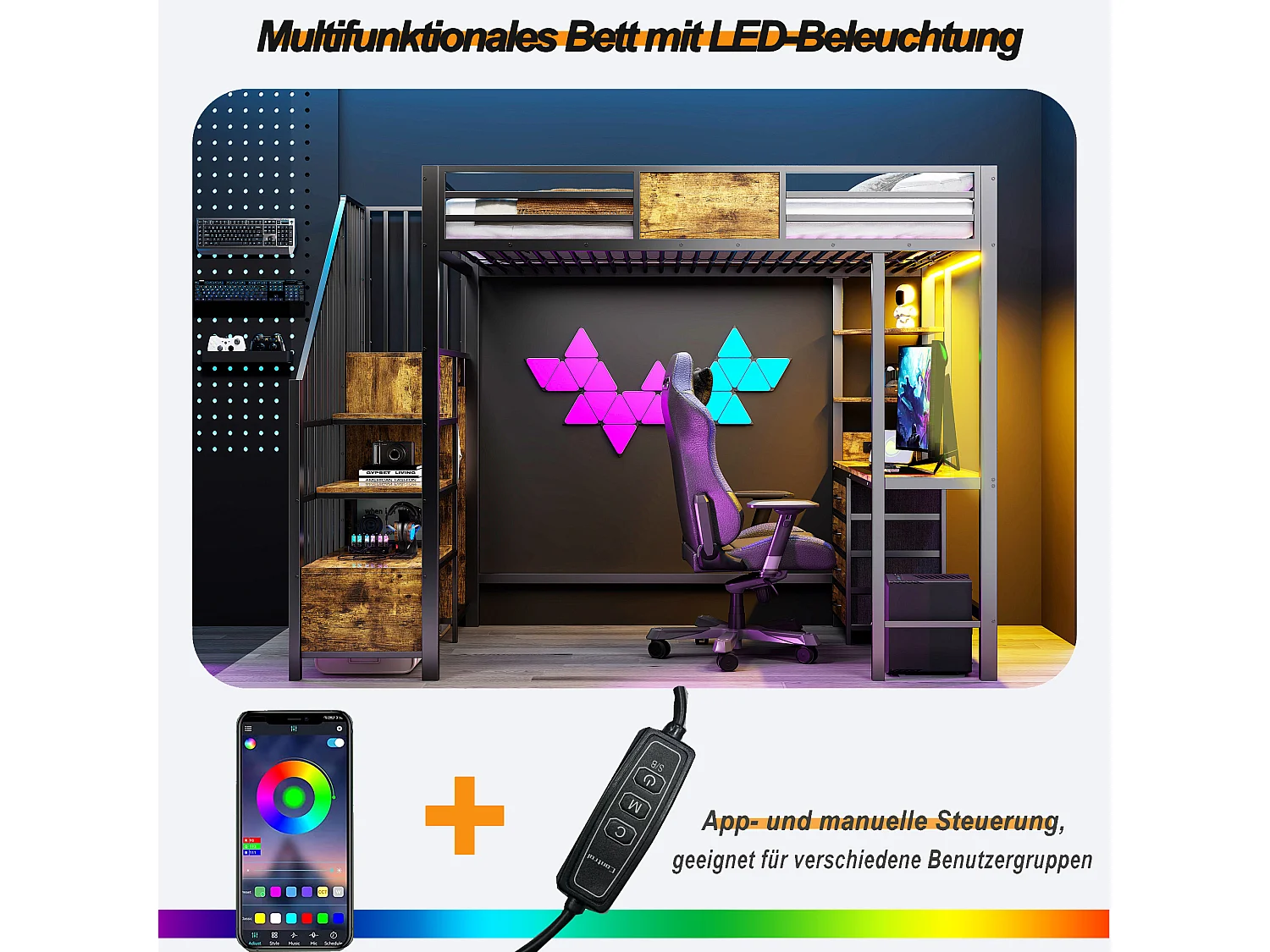 Lit mezzanine en métal - 90 x 200 cm - avec bureau + tiroirs + penderie + Leds + escalier de rangement - métal - noir