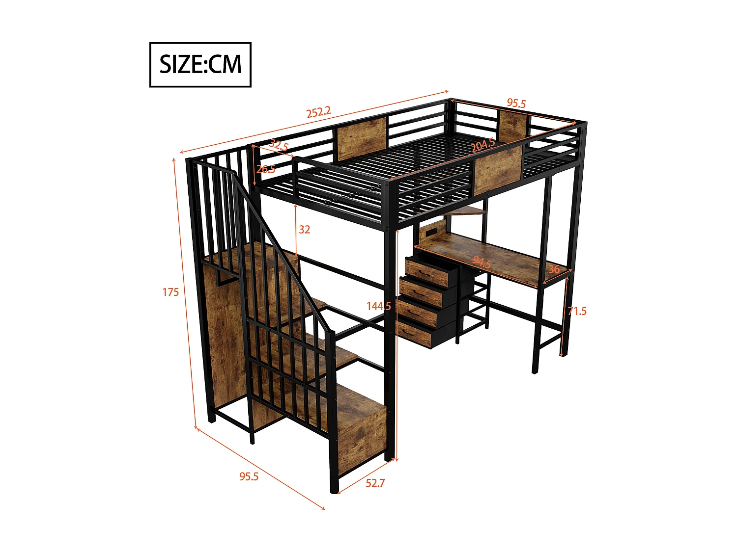 Lit mezzanine en métal - 90 x 200 cm - avec bureau + tiroirs + penderie + Leds + escalier de rangement - métal - noir