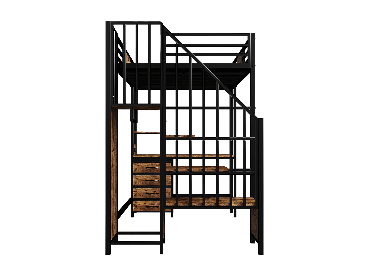 Lit mezzanine en métal - 90 x 200 cm - avec bureau + tiroirs + penderie + Leds + escalier de rangement - métal - noir