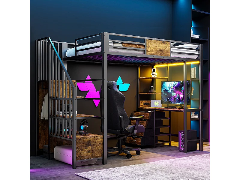 Lit mezzanine en métal - 90 x 200 cm - avec bureau + tiroirs + penderie + Leds + escalier de rangement - métal - noir