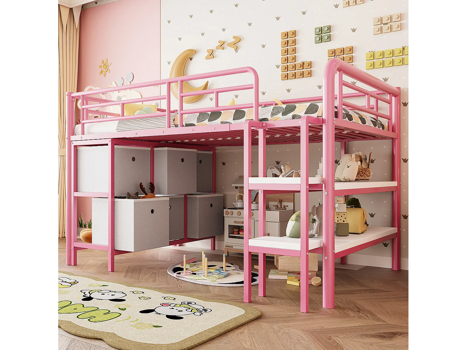 Lit mezzanine en métal enfant - 90 x 200 cm - avec escalier large + tiroirs + étagères de rangement - métal - rose