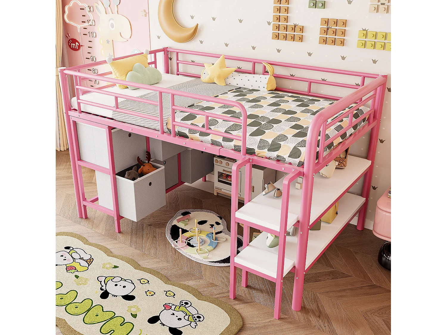 Lit mezzanine en métal enfant - 90 x 200 cm - avec escalier large + tiroirs + étagères de rangement - métal - rose