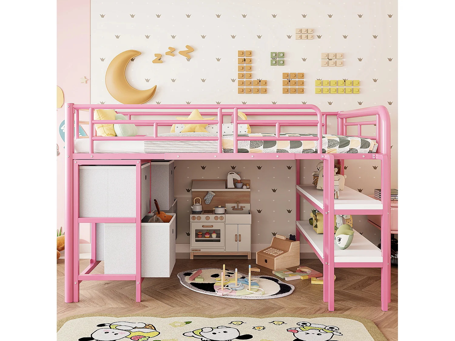 Lit mezzanine en métal enfant - 90 x 200 cm - avec escalier large + tiroirs + étagères de rangement - métal - rose