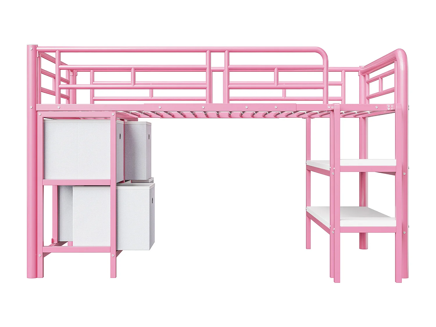 Lit mezzanine en métal enfant - 90 x 200 cm - avec escalier large + tiroirs + étagères de rangement - métal - rose