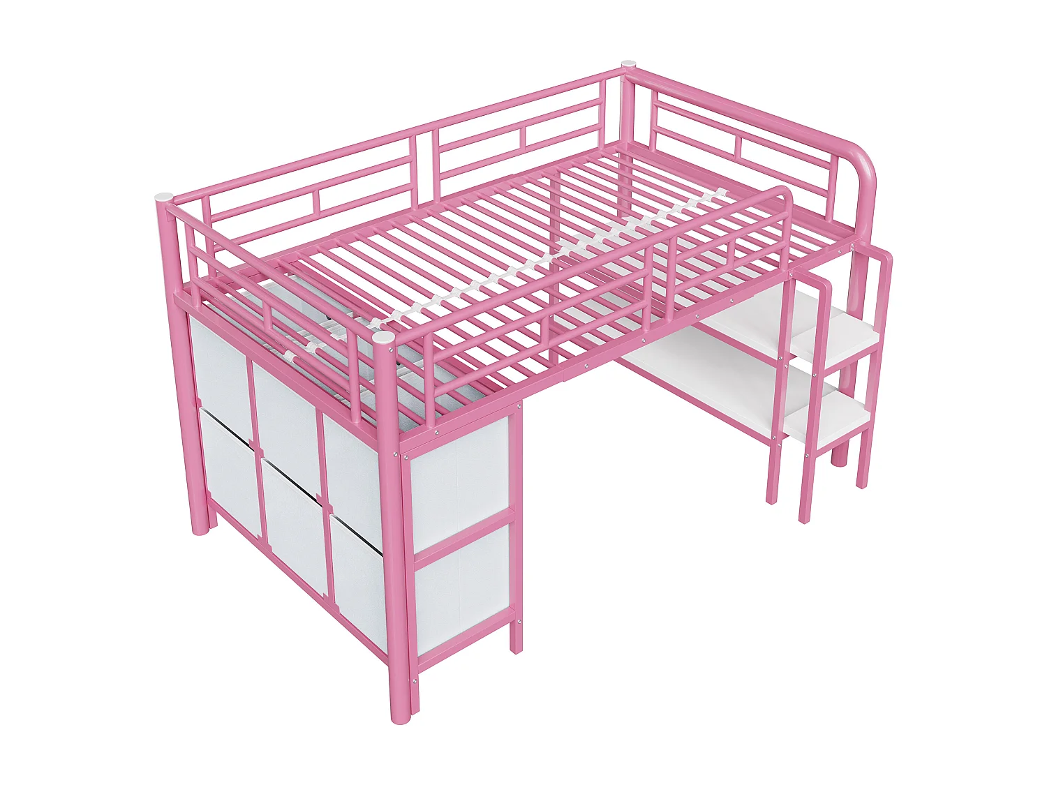 Lit mezzanine en métal enfant - 90 x 200 cm - avec escalier large + tiroirs + étagères de rangement - métal - rose