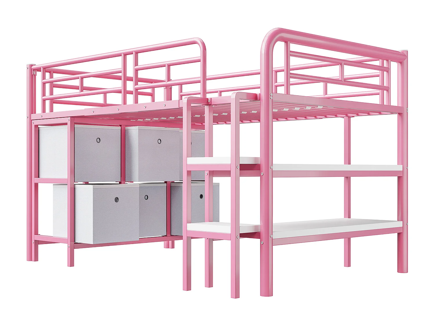 Lit mezzanine en métal enfant - 90 x 200 cm - avec escalier large + tiroirs + étagères de rangement - métal - rose